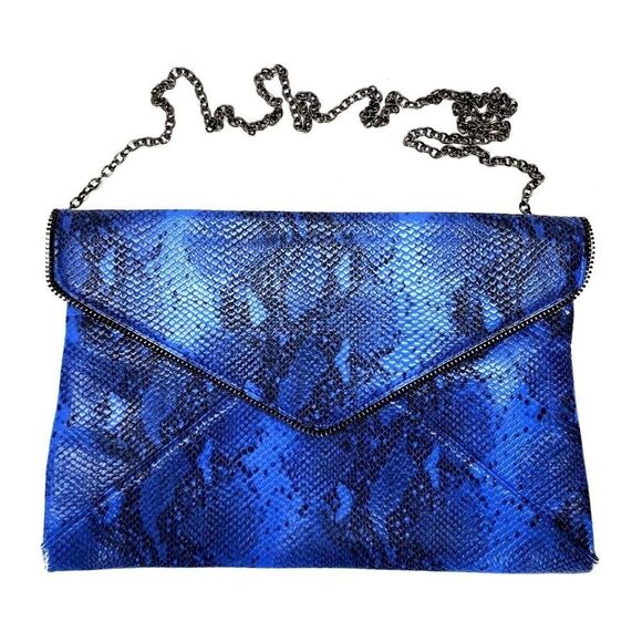 Lily & Ivy Purse Blue Snakeskin Envelope Clutch with Chain-link Shoulder Strap - Picture 1 of 8